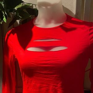 Women's Red Long-Sleeve Cutout Tee